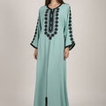 Gandoura Farasha Vert Eau à Fleurs Noires - Luxe Marocain Prestige