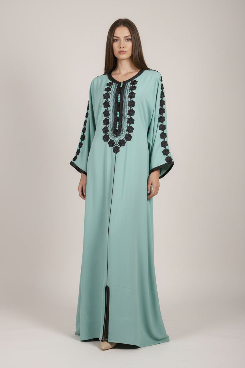 Gandoura Farasha Vert Eau à Fleurs Noires - Luxe Marocain Prestige