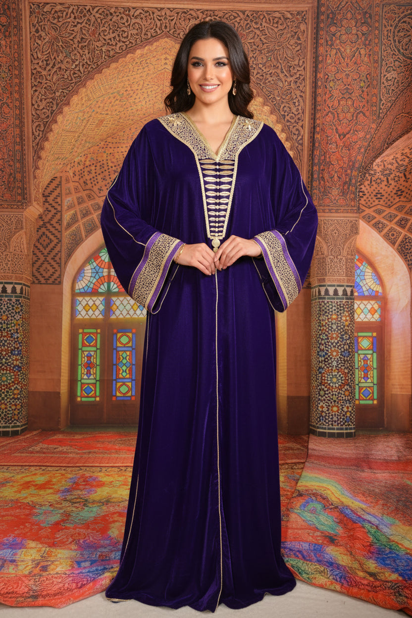 GANDOURA VELOURS VIOLET BRODE DE FIL D'OR