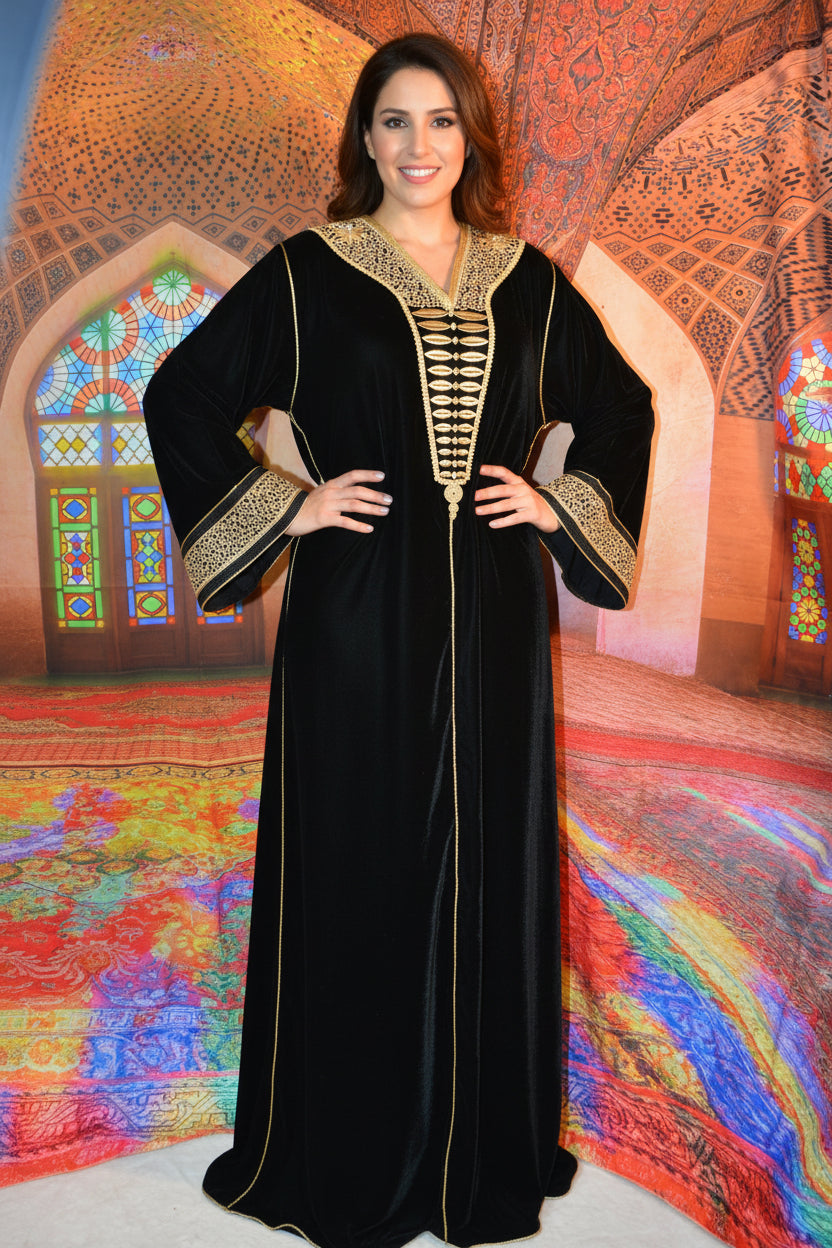 GANDOURA VELOURS NOIR BRODÉE FIL D'OR