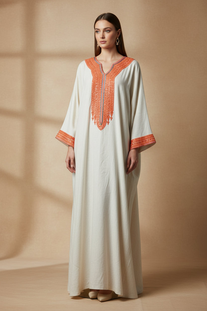 Gandoura Farasha Lin broderie orange - Robe Marocaine Légère Élégante