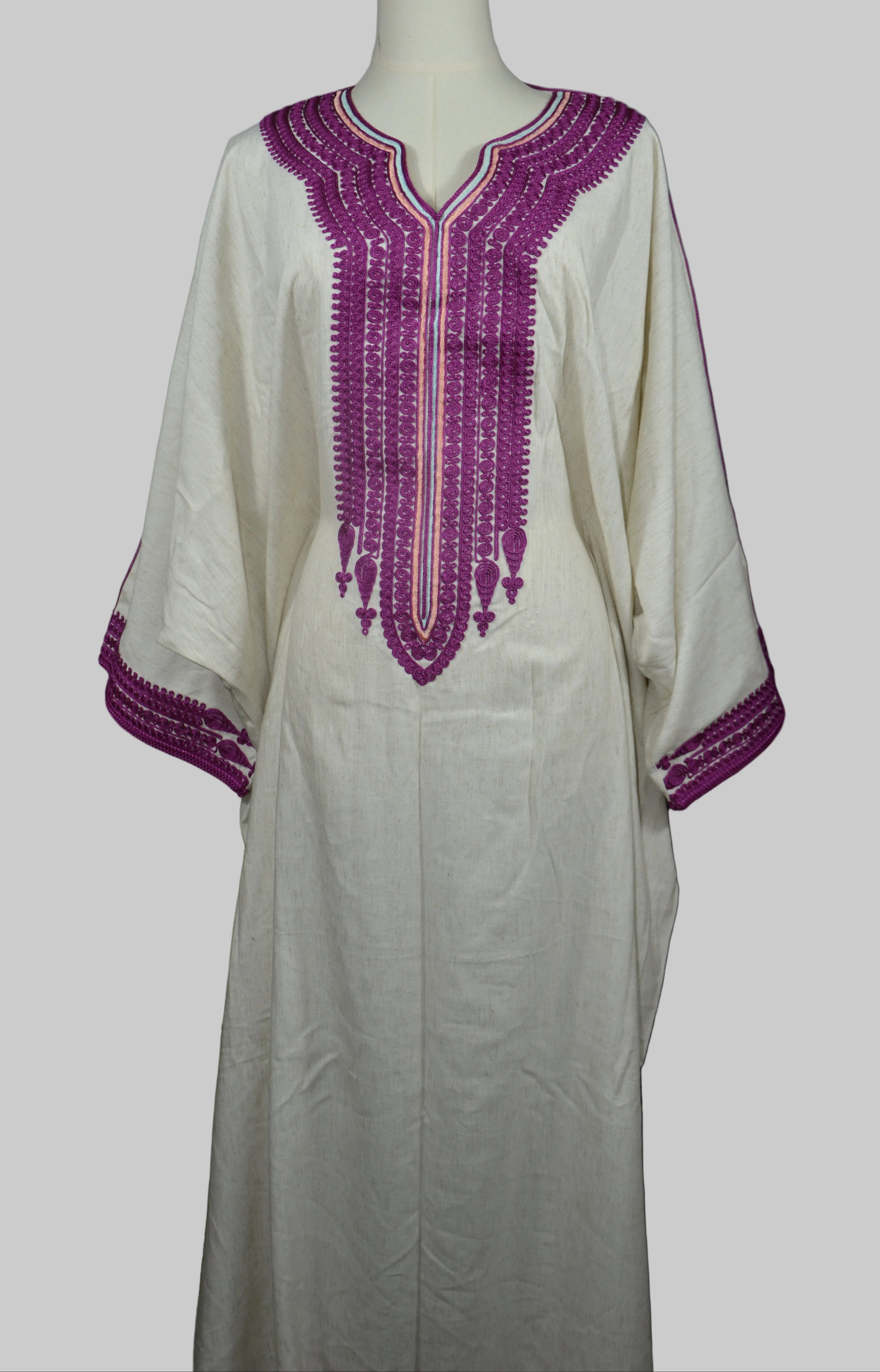 Gandoura Farasha Lin Broderie Violette - Robe Marocaine Élégante