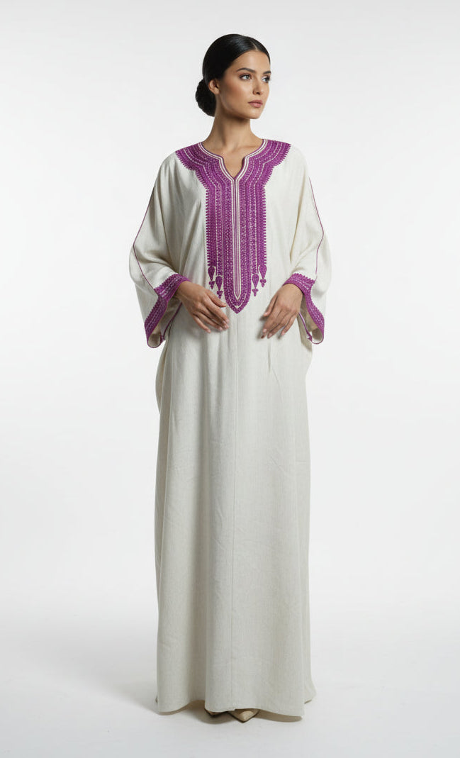 Gandoura Farasha Lin Broderie Violette - Robe Marocaine Élégante
