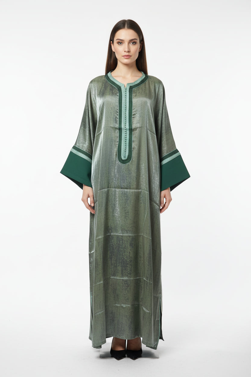 Gandoura Crêpe Satiné Vert - Élégance Marocaine Raffinée