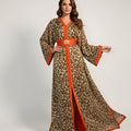Shiny Satin Crepe Leopard Caftan with Orange Embroidery - Boldness and Elegance