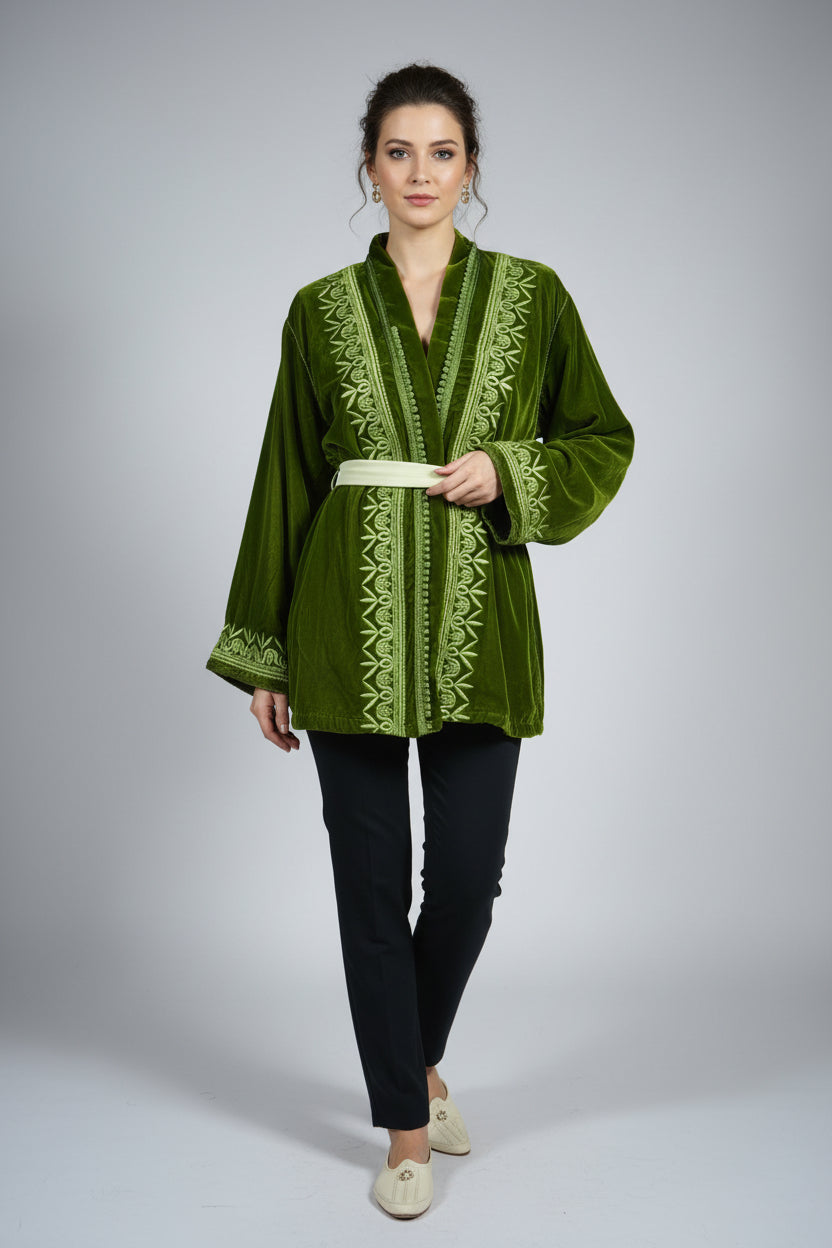 Veste Velours Vert Olive - Élégance Marocaine