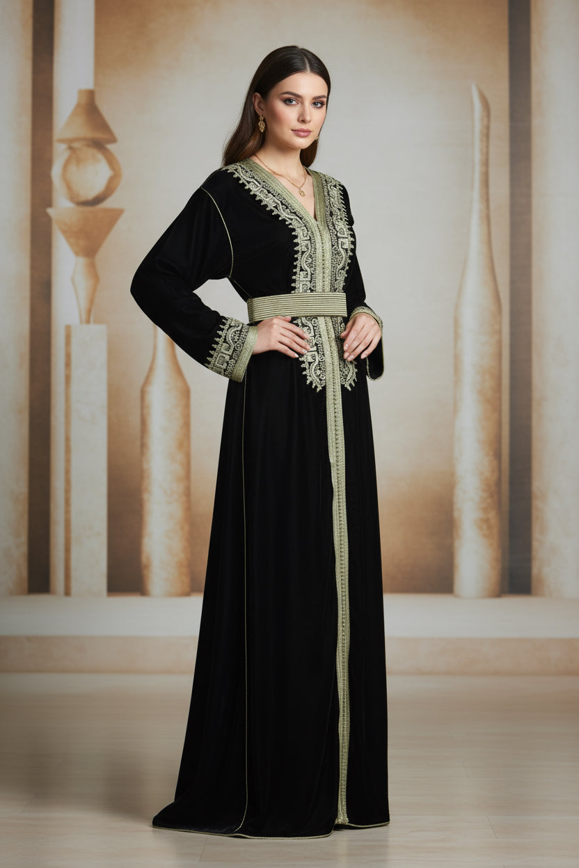Caftan Noir Velours – Broderies Vert Dorées