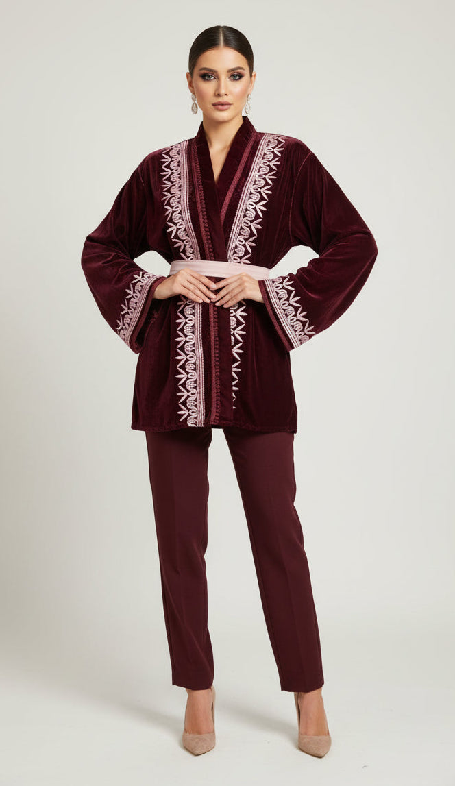 Veste Velours Bordeaux - Élégance Marocaine