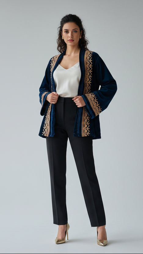 Veste Velours Bleu Canard - Élégance Marocaine