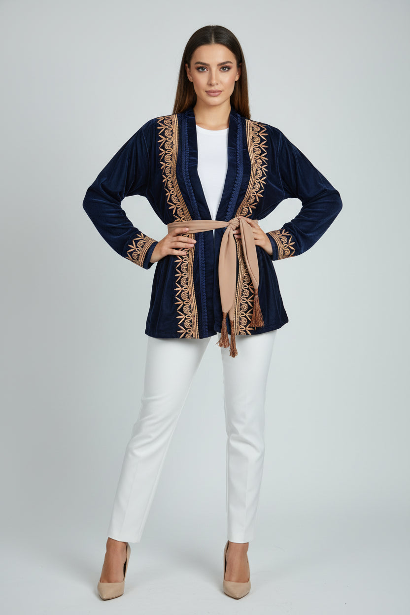 Veste Velours Bleu Marine - Élégance Marocaine