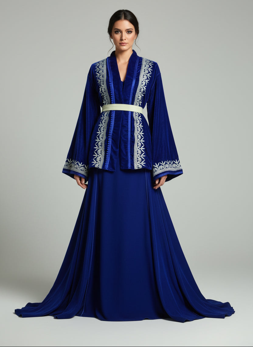 Veste Velours Bleu Roi - Élégance Marocaine