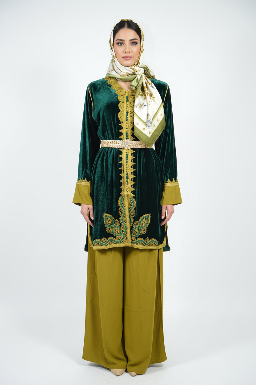 Jabador Vert Royal Pistache Femme - Ensemble 3 Pièces Velours et Crêpe