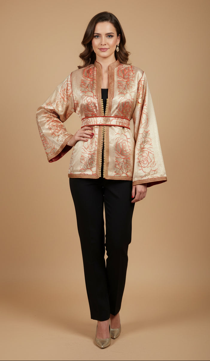 Veste Brocard Or Rouge - Élégance Marocaine
