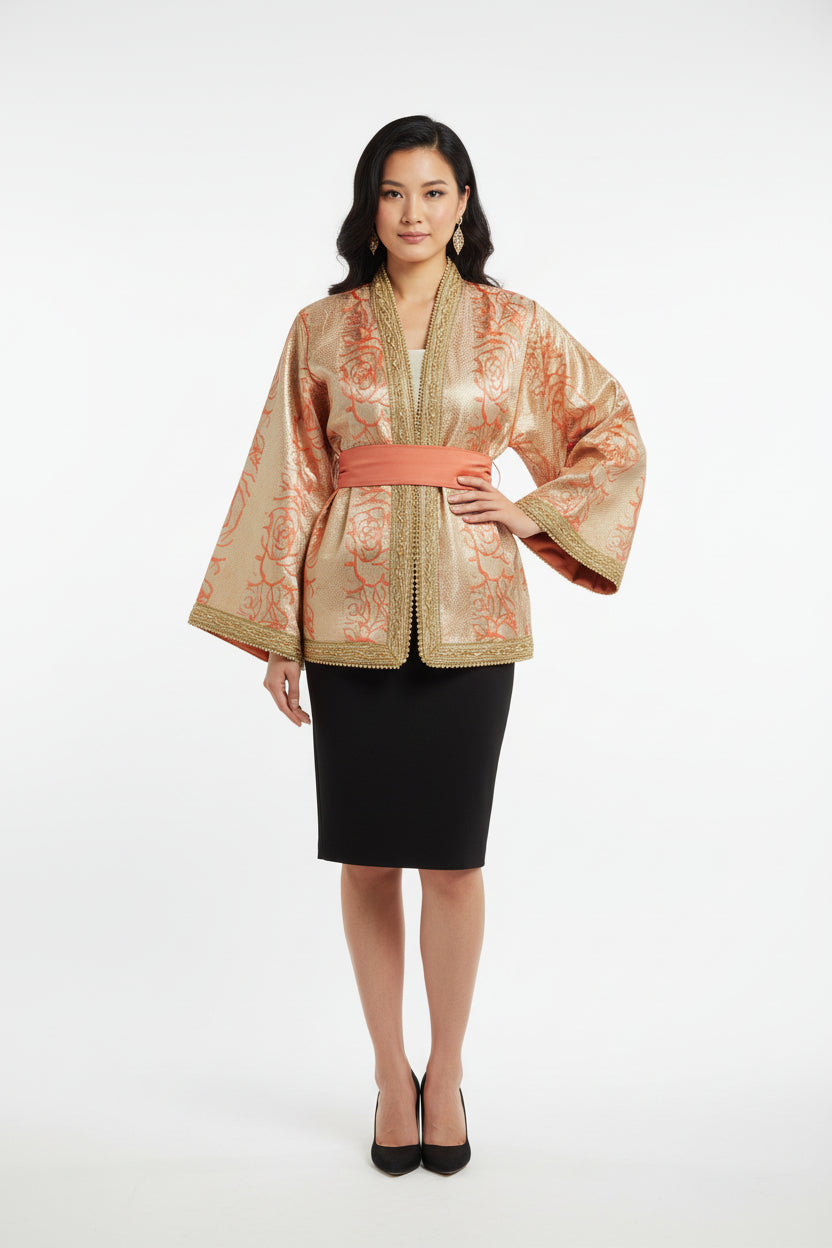 Veste Brocard Or Orange - Élégance Marocaine