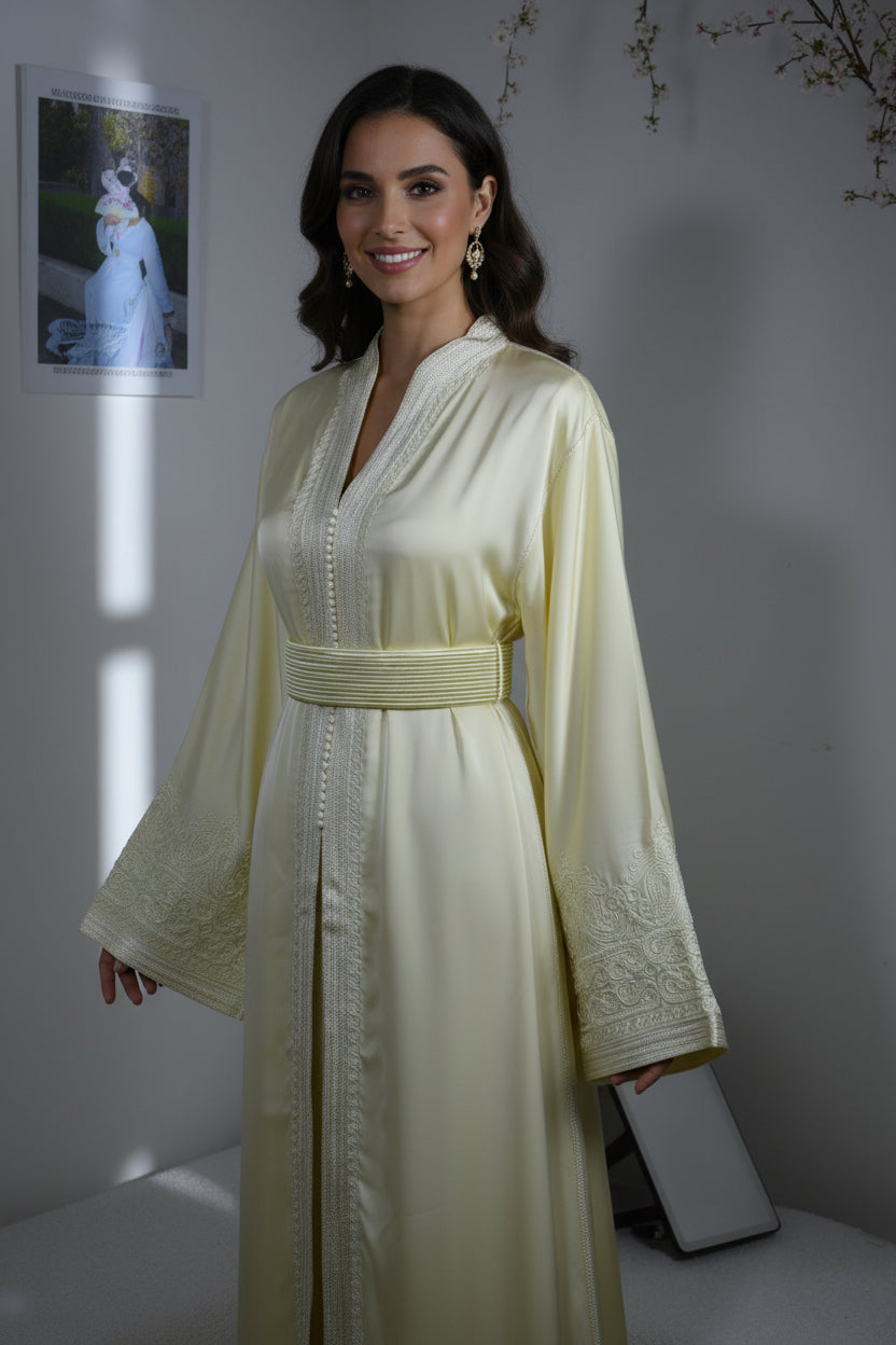 Takchita Jaune Pâle en Satin Brodé – Haute Couture Marocaine