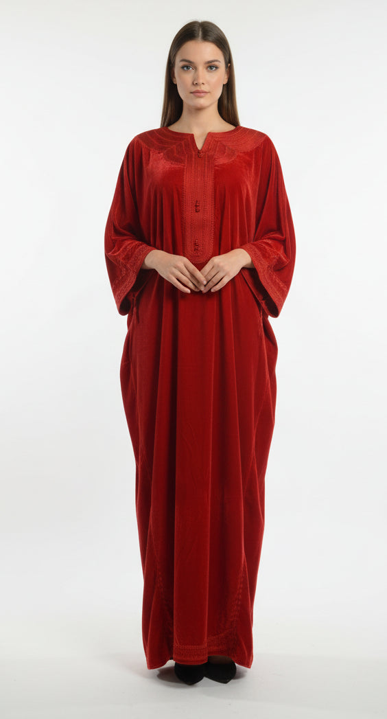 Gandoura Velours Rouge Brodée - Élégance Marocaine