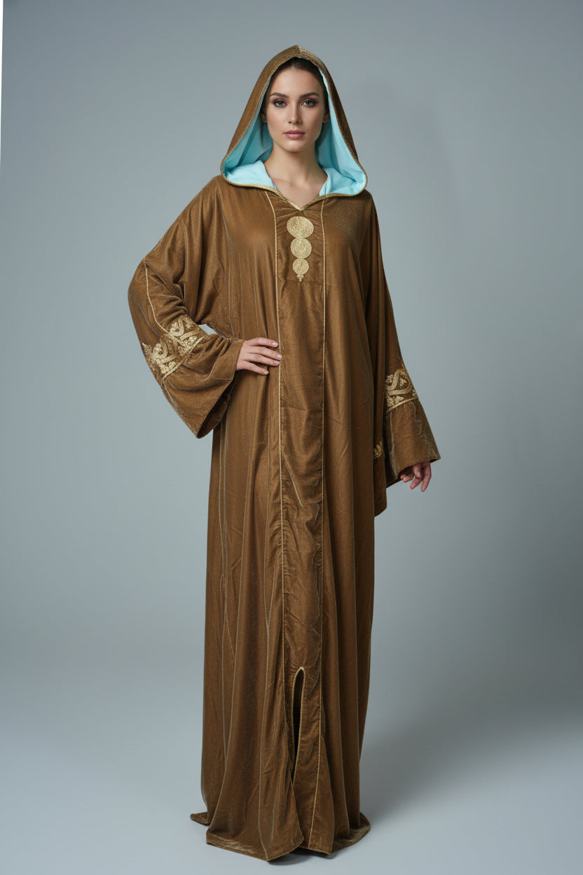 Jellaba Velours Marron Brodé Or - Élégance Marocaine