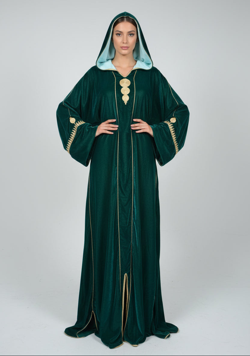 Jellaba Velours Vert Royal Brodé Or - Élégance Marocaine