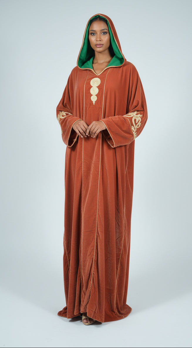 Jellaba Velours Orange Brodé Or - Élégance Marocaine