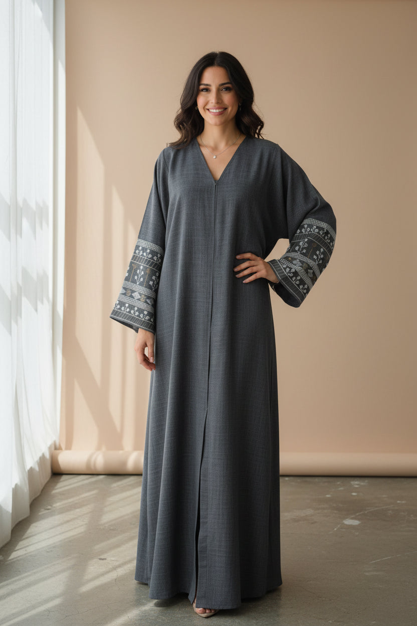 Abaya Emiratie Gris Chine avec Foulard Assorti - Ensemble Luxe