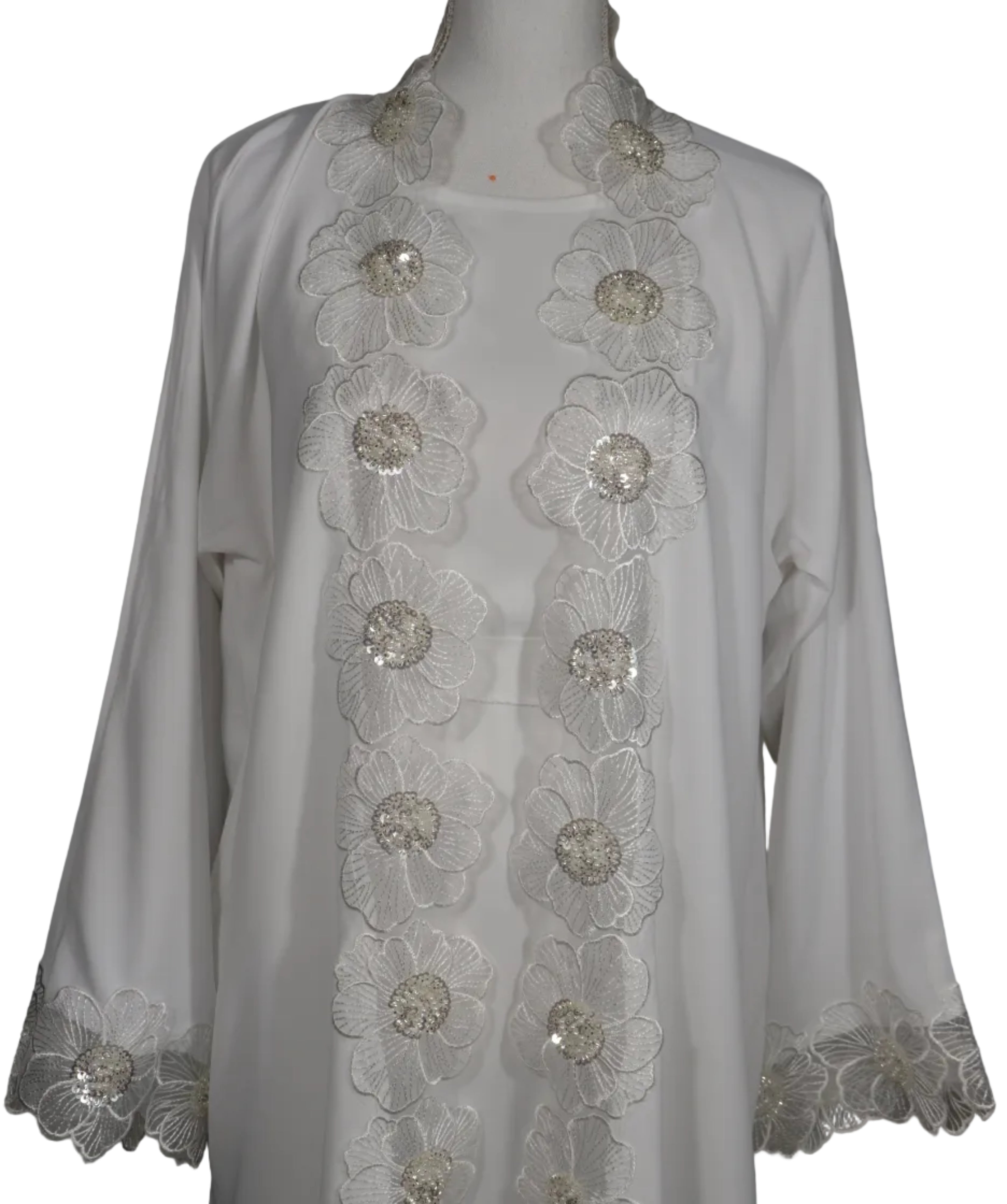Abaya Kimono Blanche Mariee - Broderies Florales Argent