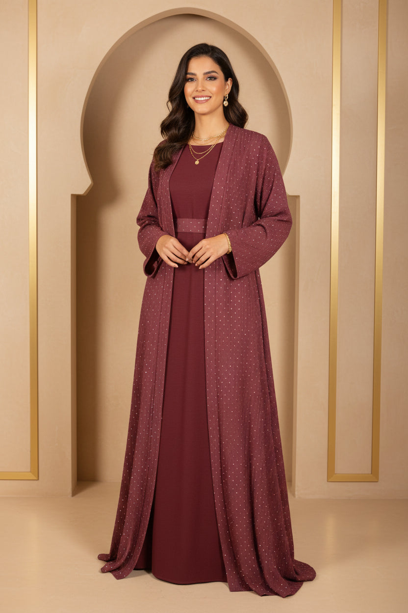 Abaya Kimono Scintillante Bordeaux - COLLECTION DUBAI