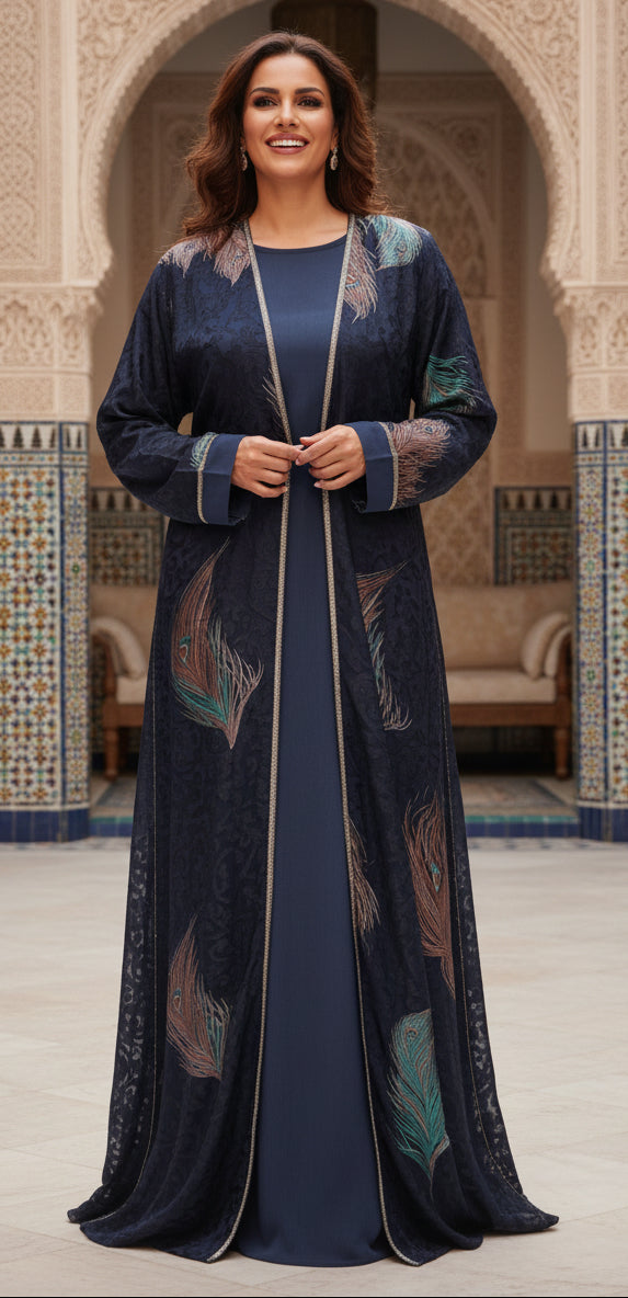 Abaya Kimono Brodé floral Bleu Vert - collection dubai