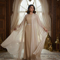 Abaya Kimono Beige Dos Brodé Or - Raffinement Doré