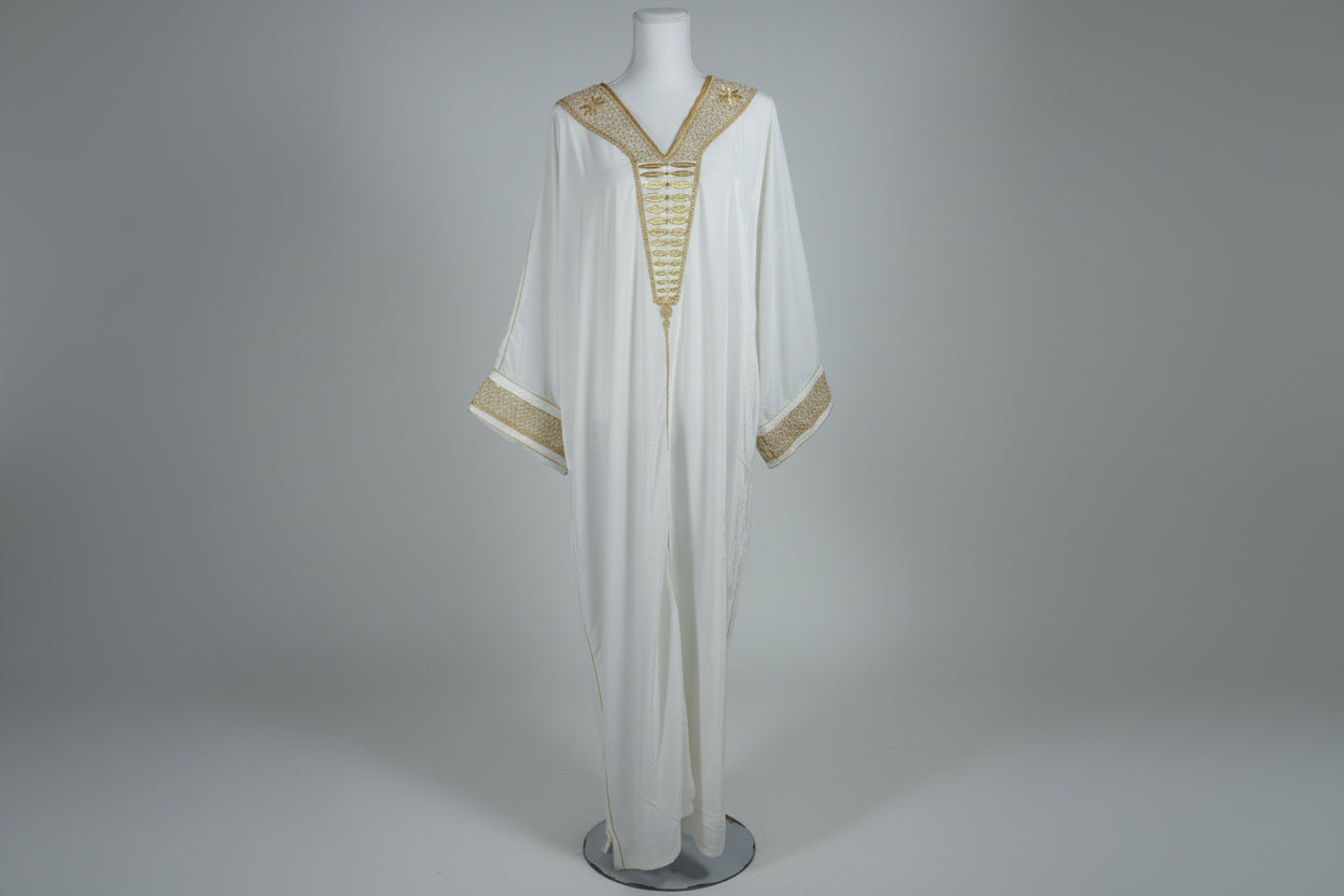 GANDOURA VELOURS BLANC BRODÉE FIL D'OR