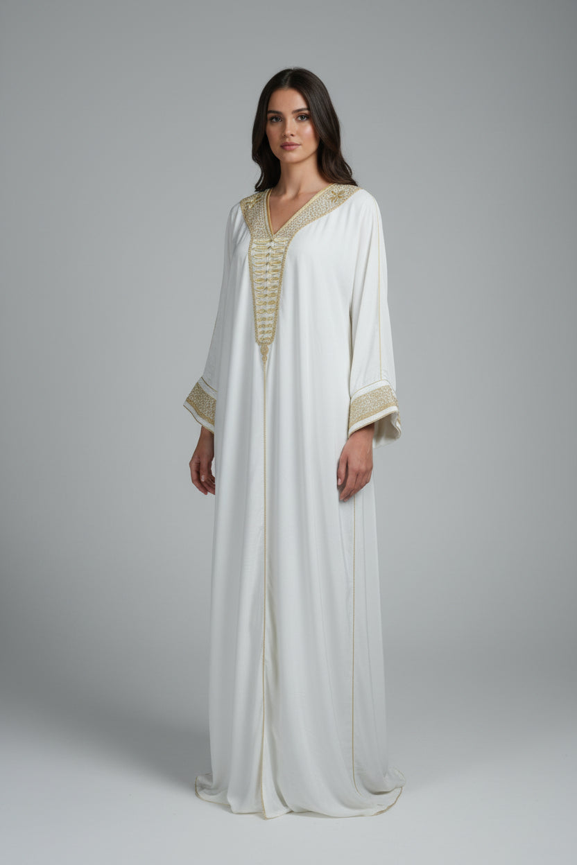 GANDOURA VELOURS BLANC BRODÉE FIL D'OR