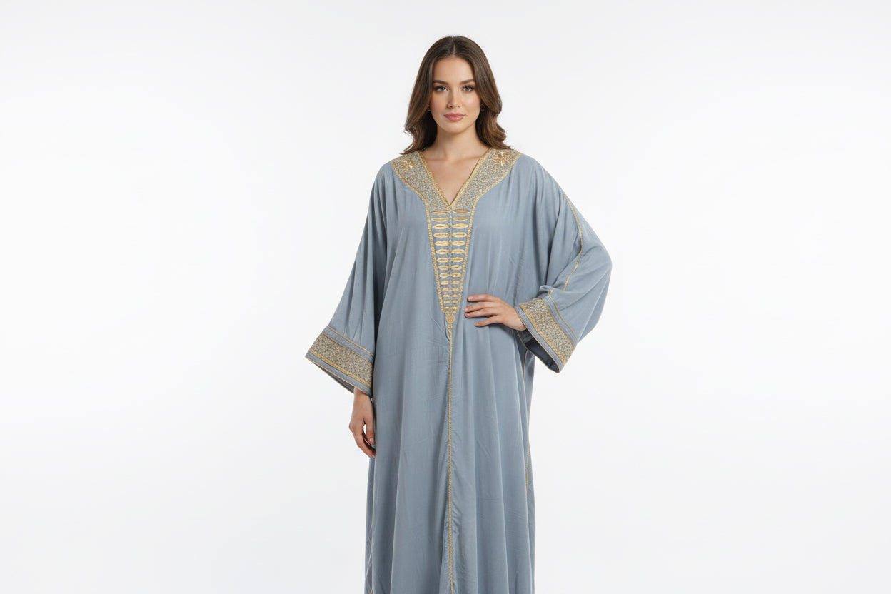 GANDOURA VELOURS GRIS BRODÉE FIL D'OR