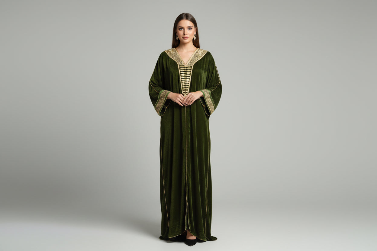 GANDOURA VELOURS VERT BRODÉE FIL D'OR