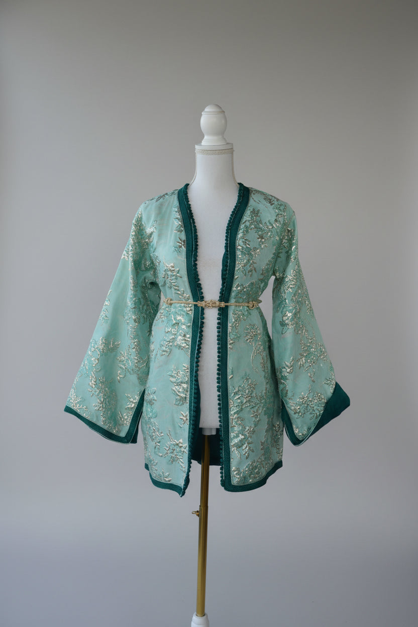 Veste Blazer Brocard Vert Argent – Luxe & Prestige Marocain