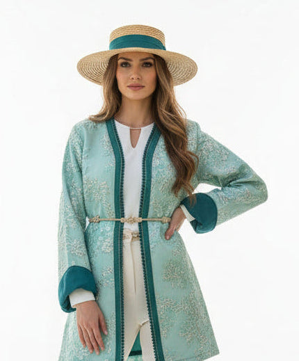 Veste Blazer Brocard Vert Argent – Luxe & Prestige Marocain