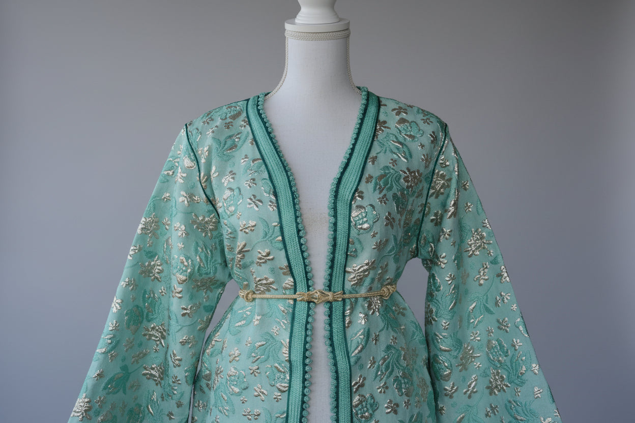 Veste Blazer Brocard Vert Argent – Luxe & Prestige Marocain