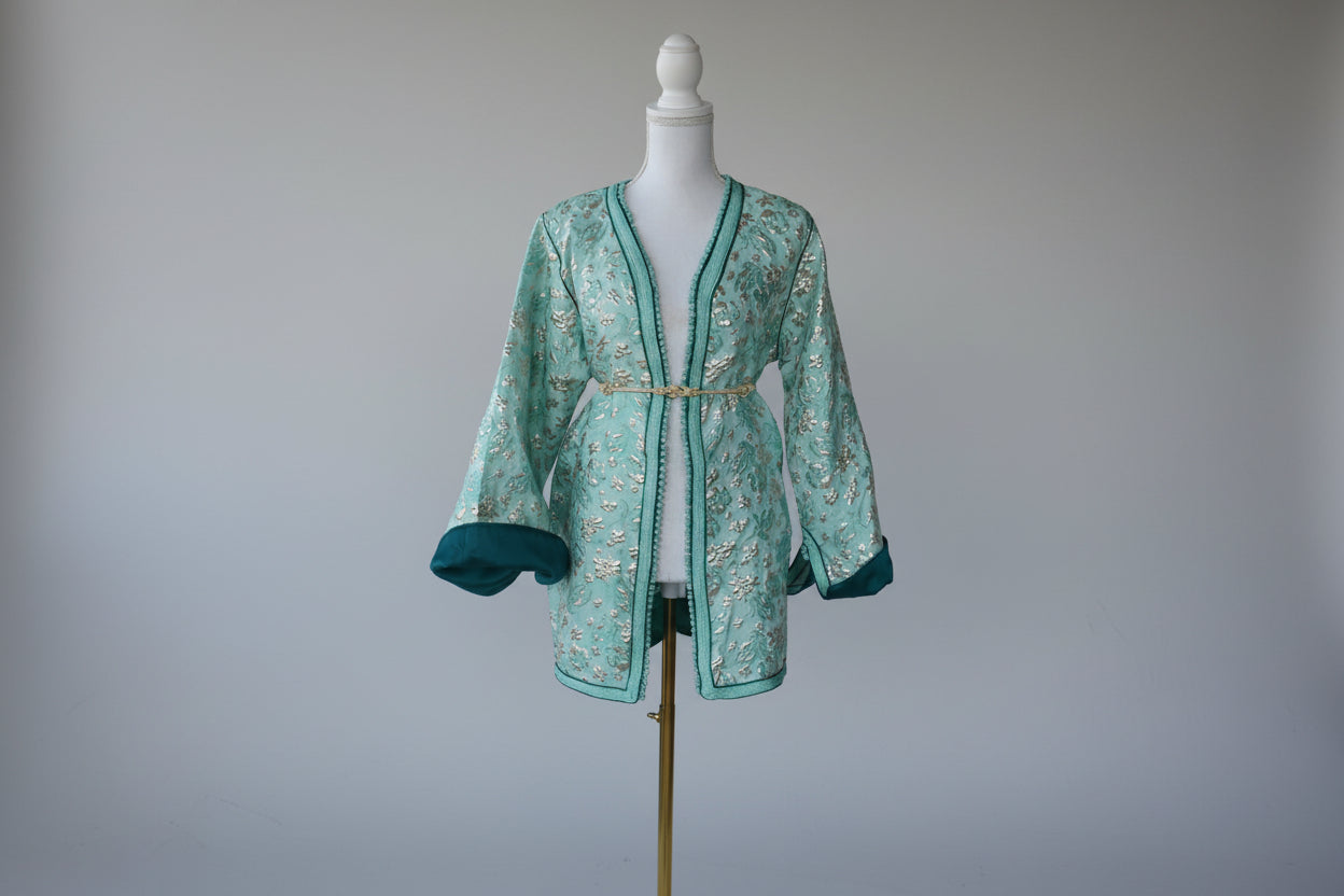 Veste Blazer Brocard Vert Argent – Luxe & Prestige Marocain