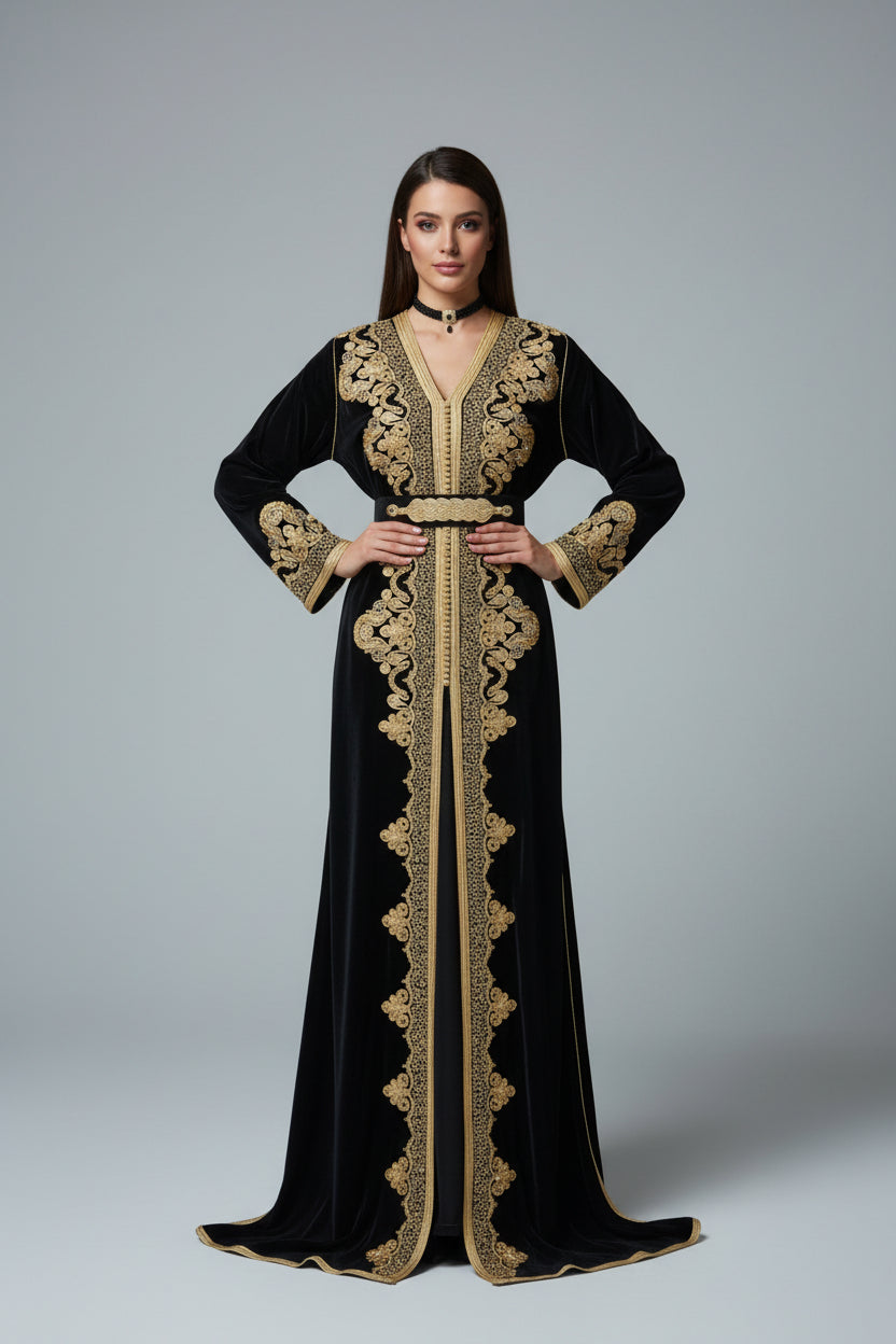 Caftan Velours Noir Brodé Or – Haute Couture