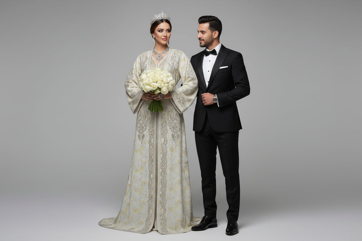 Takchita Haute Couture Brocart Blanche – Magnificence, Pureté & Prestige Marocain