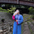 Indigo Blue Caftan with Jacquard Bib & Fuchsia Belt