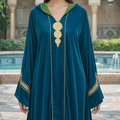 Jellaba Velours Bleu Canard Brodé Or - Élégance Marocaine