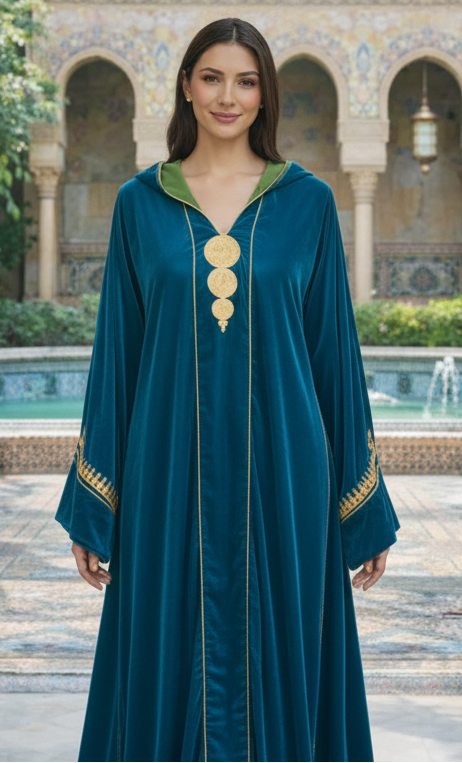 Jellaba Velours Bleu Canard Brodé Or - Élégance Marocaine