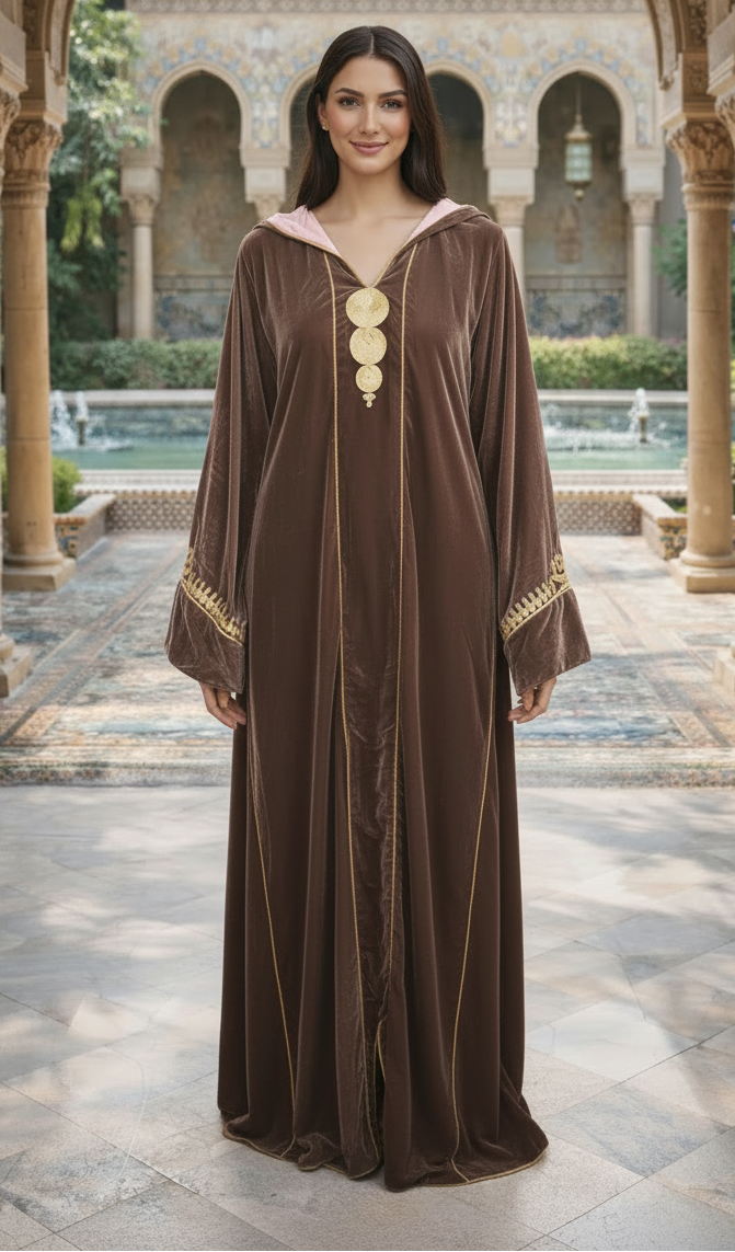 Jellaba Velours Marron Chocolat Brodé Or - Élégance Marocaine