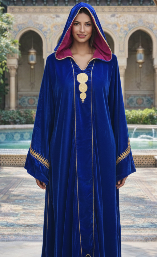 Jellaba Velours Bleu Royal Brodé Or - Élégance Marocaine