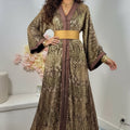 Chocolate & Gold Sequin Velvet Takchita "Orfèvre Nuit" — Bronze obi belt